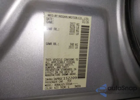 2016 Nissan Altima 2.5/2.5 S/2.5 Sl/2.5 Sr/2.5 Sv from USA, damaged, VIN 1N4AL3AP6GC152209